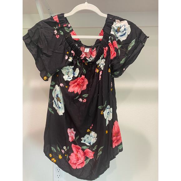 Old Navy Women's Floral Off-the-Shoulder Blouse Top Black‎ Hawaiian Size Medium - Picture 2 of 6